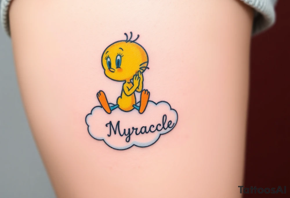 Tweety Bird on a cloud with his head in his hands looking up. Under the cloud in small capital letters is the name Myracle Blessing tattoo idea