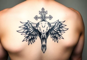 Leviathan cross etched on ravens skull tattoo idea