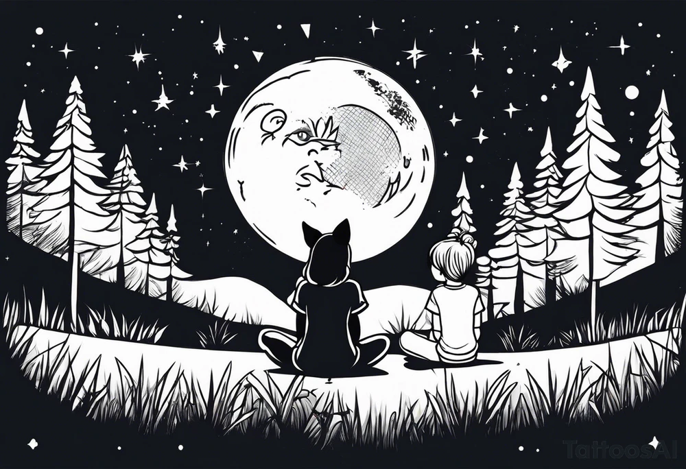sitting from behind looking at the stars, a little girl and a fox sitting in the grass tattoo idea