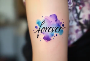 A watercolor-style "forever" in splashes of blue and purple, surrounded by paintbrush strokes. tattoo idea