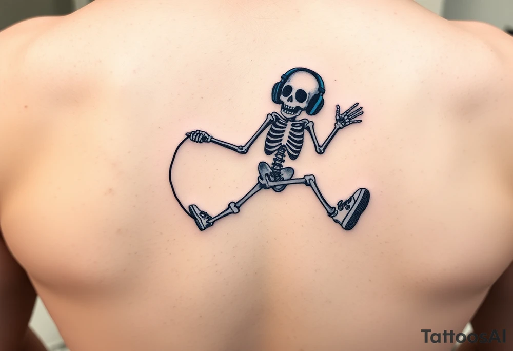 Funny small skeleton jumping on a rope with a blue headphones and blur tennis shoes tattoo idea