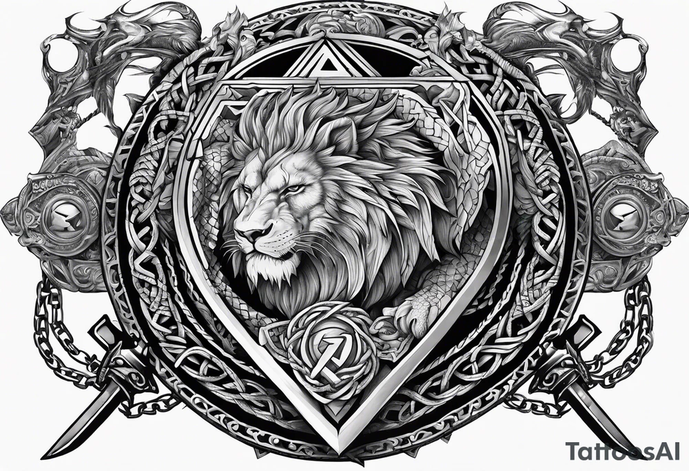 Valhalla sword shield  axe lion dragon 
Valknut barbed wire chains tattoo idea