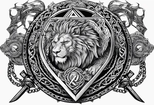 Valhalla sword shield  axe lion dragon 
Valknut barbed wire chains tattoo idea