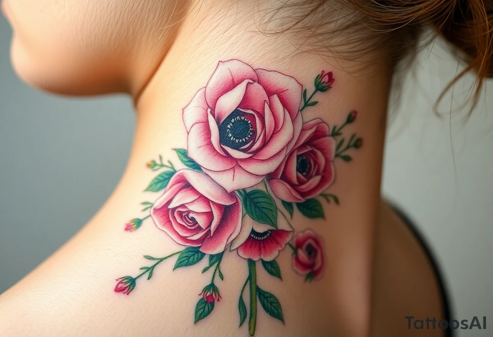 vintage bouquet of wild roses and meadow flowers with morning dew tattoo idea