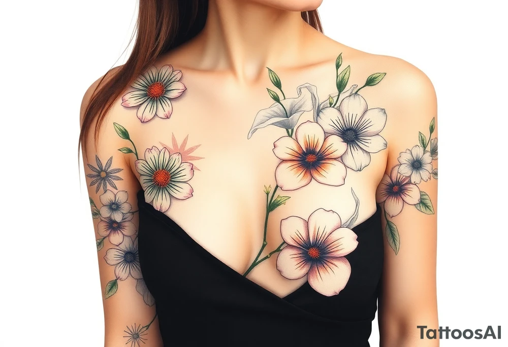 This tattoo is on a woman. It starts on her left side of the chest on the pectoral with a Glaiolus and Daisy together, then the tattoo rises over the left shoulder and down the arm and ends at the elbow. The tattoo will include a primroses, Calla Lilys, and Lillys. It will be light on color except in the petals and has light shading to make it pop. It will not wrap around the chest but rather bloom upwards from the pectoral and spill over the shoulder and down to the elbow. tattoo idea
