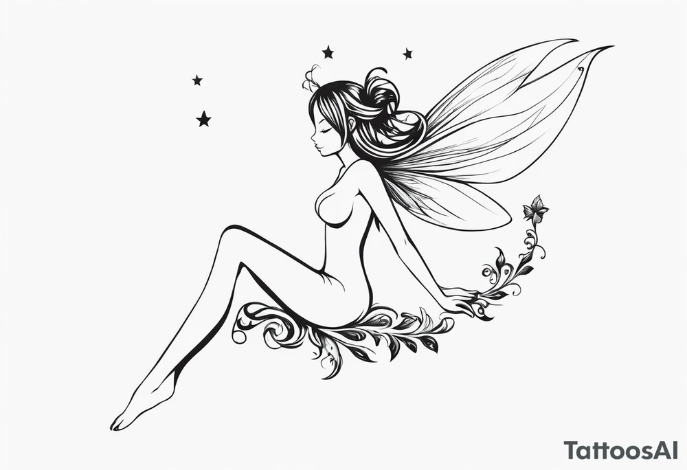 Minimalistic, monochromatic fairy with a tail flying to the left in a fetal position, leaning and looking in the same direction, with visible hands, embodying the 'Fairy Tail' logo aesthetic. tattoo idea