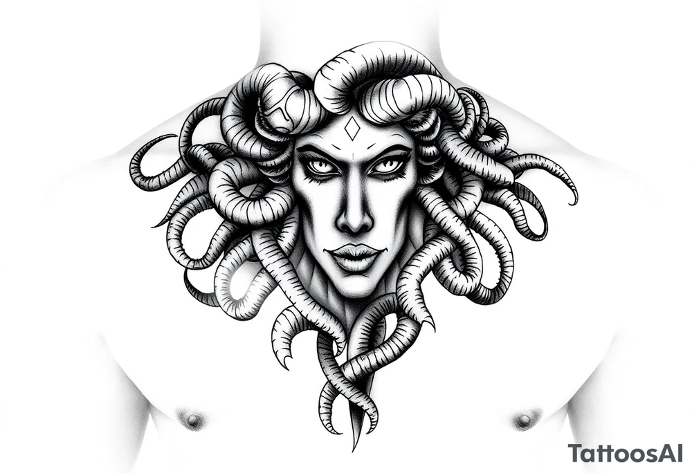 A Beautiful soft feminine sexy Medusa chest peice Black and white with shading tattoo idea