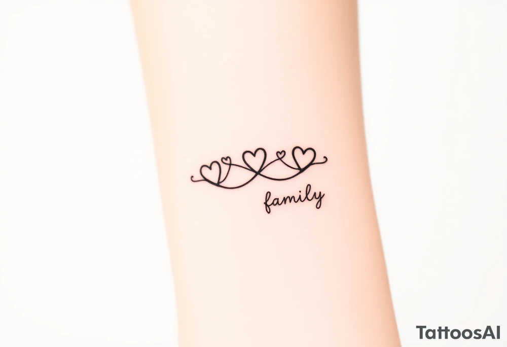 A minimalist infinity symbol with three hearts flowing above including word "family" tattoo idea