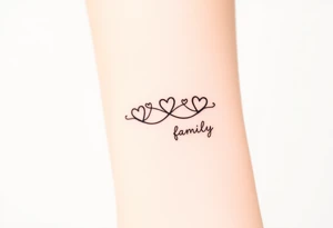 A minimalist infinity symbol with three hearts flowing above including word "family" tattoo idea