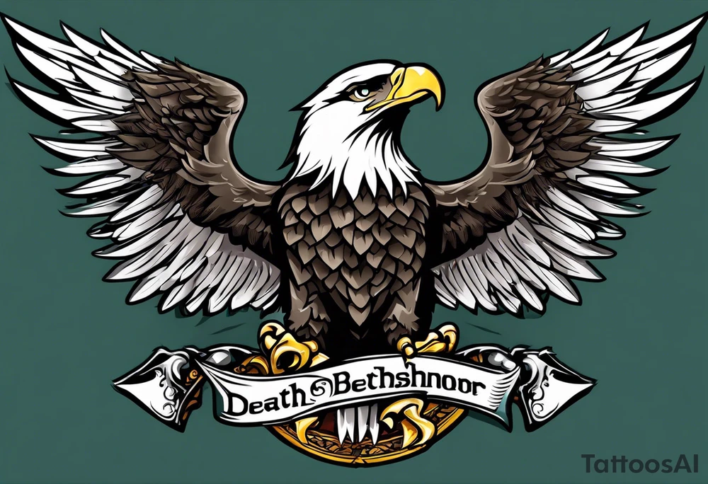 tattoo featuring an American eagle, 

add the words "Death Before Dishonor" on a scroll or something, add a sword or knife 

bottom left is closest, background filling not needed. 

use the Eagle style face of the bottom right

left hand side drawings are great, add a in the Eagles talons, remove background

this is looking really good, but black and white tattoo idea
