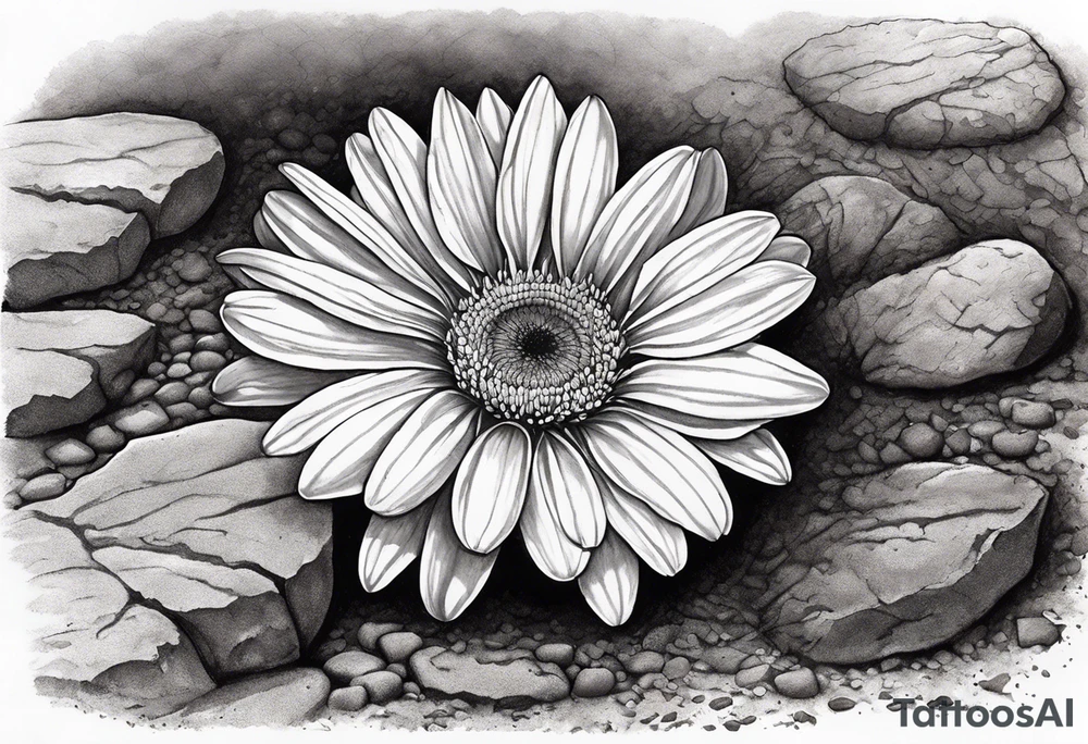 Create a tattoo of a flat topped granite rock with a base under the ground line that is pointed and deep, surrounded by freshly tilled and raked soil ready to be planted and under ground in front of the rock, a seed planted and pushing through the soil with a beautiful orange Gerber daisy tattoo idea