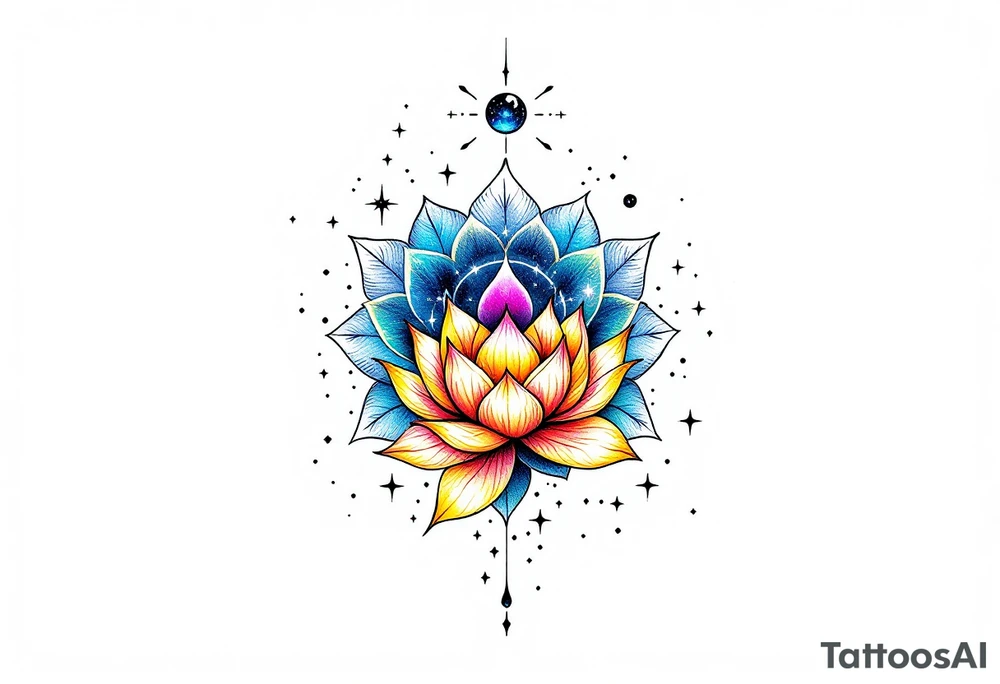 small colorful celestial with lotus flower tattoo idea
