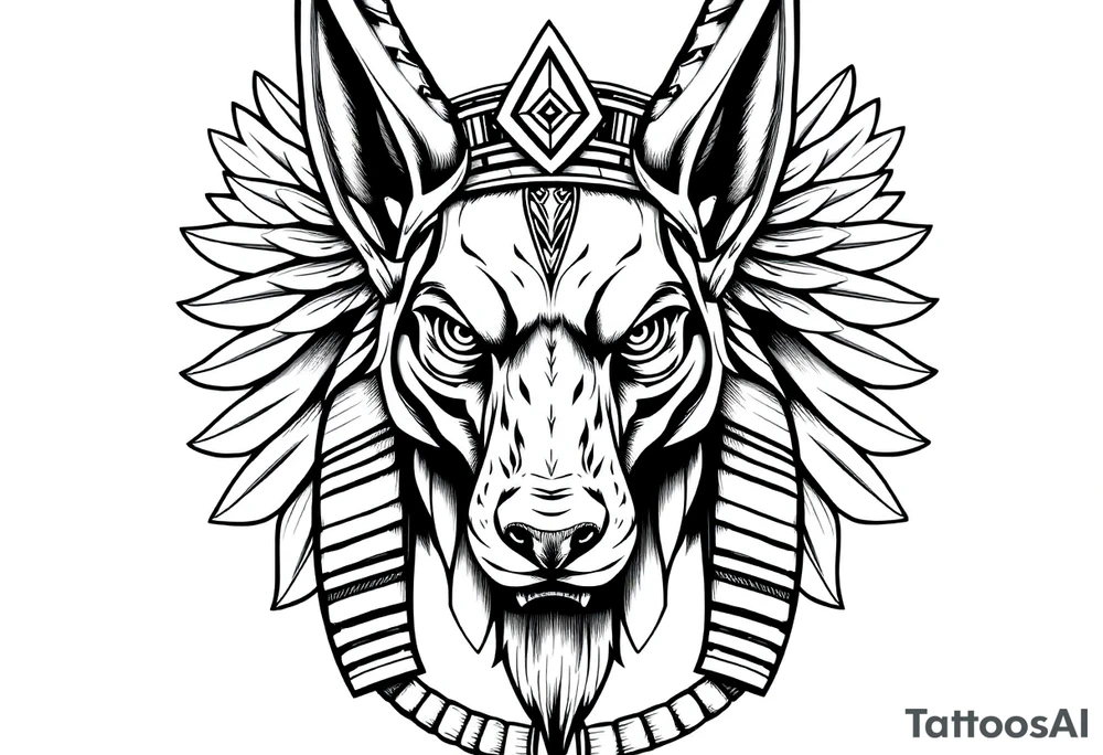 Egyptian Anubis god face muscle in Egypt style  with mantle on head

dog face surrounded Egyptian symbols based on elements tattoo idea