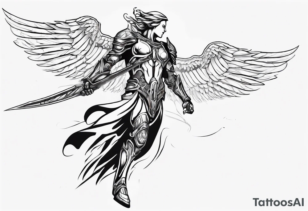 Side view of a good angel wearing inorganic armor that is in mid-air ready to attack tattoo idea