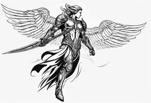 Side view of a good angel wearing inorganic armor that is in mid-air ready to attack tattoo idea