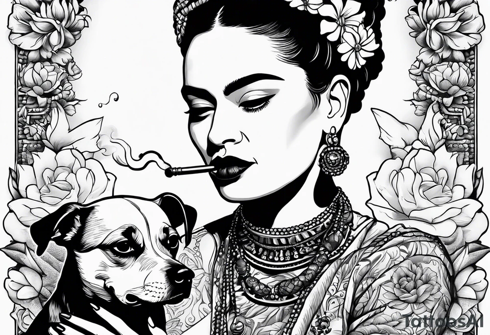 Frida khalo smoking a hookah while carrying a puppy dog tattoo idea