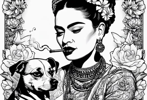 Frida khalo smoking a hookah while carrying a puppy dog tattoo idea