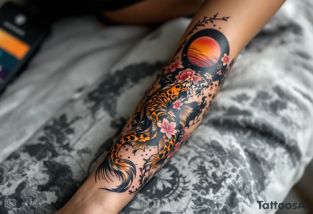 Full arm sleeve, one koi fish, one tiger, the sun, cherry blossom filler, beautiful tattoo idea