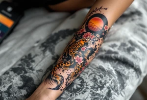 Full arm sleeve, one koi fish, one tiger, the sun, cherry blossom filler, beautiful tattoo idea