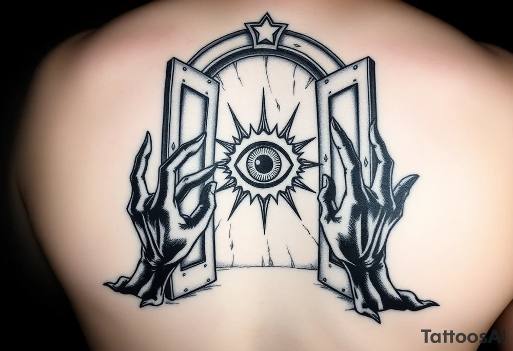 The truth sitting in front of a nearly fully opened door with the eye of god inside the door with all black around it and black hands starting to come out the door stretching to different places from full metal alchemist tattoo idea