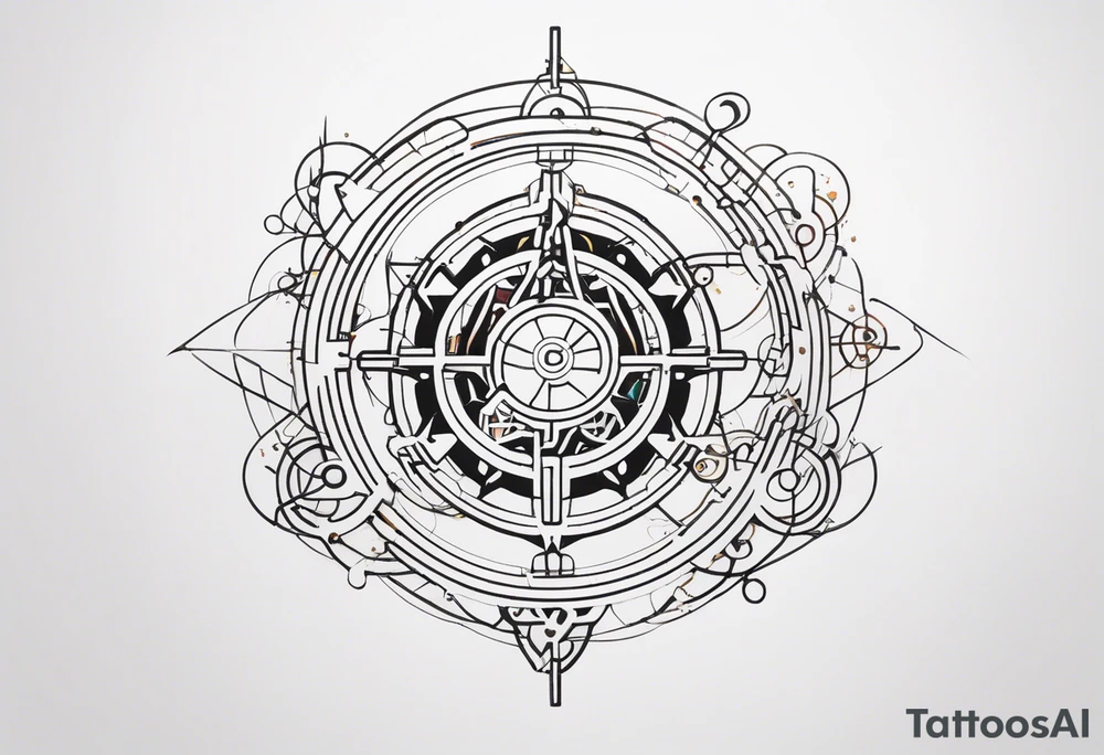 Design a tattoo that combines the elegant entanglement symbol from quantum mechanics with intricate robotic circuitry. The entanglement lines should intertwine seamlessly with the mechanical gears, symbolizing the fusion of cutting-edge technology and quantum physics tattoo idea