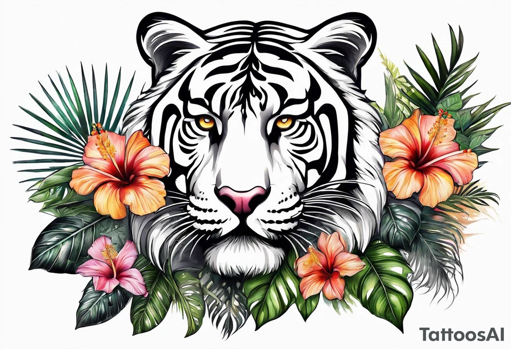 Hibiscus is very tropical with palm trees, tiger, surrounded with flowers tattoo idea