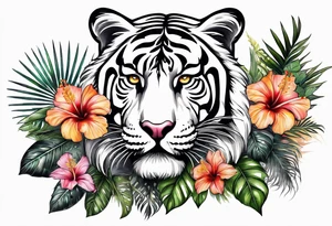 Hibiscus is very tropical with palm trees, tiger, surrounded with flowers tattoo idea