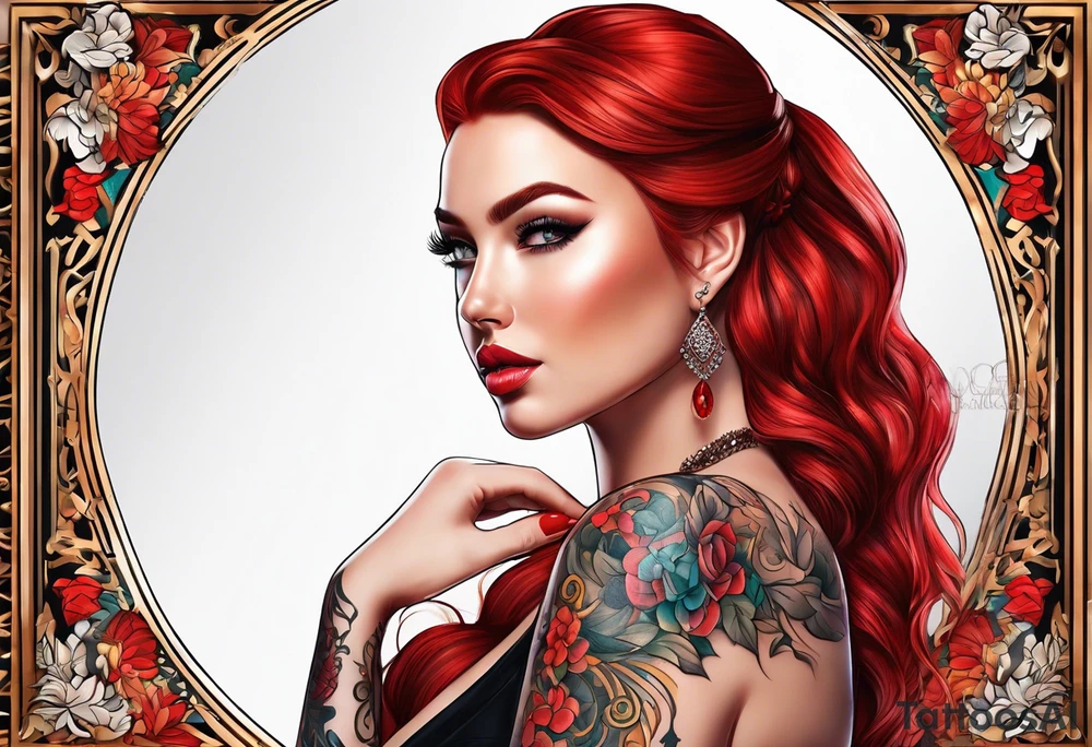 Busty red haired woman with a bearded man who has black hair getting married tattoo idea