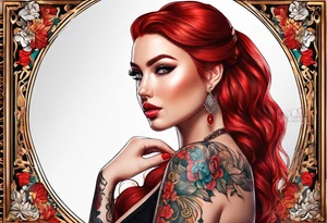 Busty red haired woman with a bearded man who has black hair getting married tattoo idea