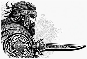 Side profile wide shot of Celtic warrior weapons unsheathed tattoo idea
