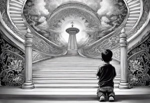 grand winding stairway to heaven with little boy praying in front tattoo idea