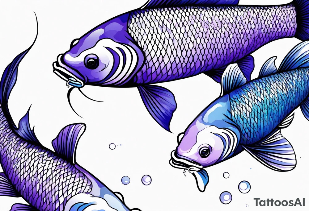 A male and female blue and purple koi fish with whiskers with three babies tattoo idea