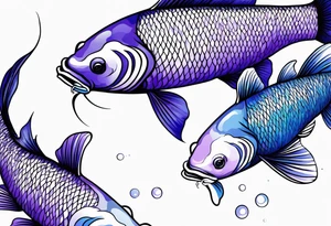 A male and female blue and purple koi fish with whiskers with three babies tattoo idea