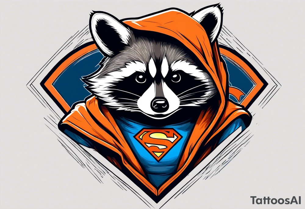 Raccoon wearing an orange Superman hoodie tattoo idea
