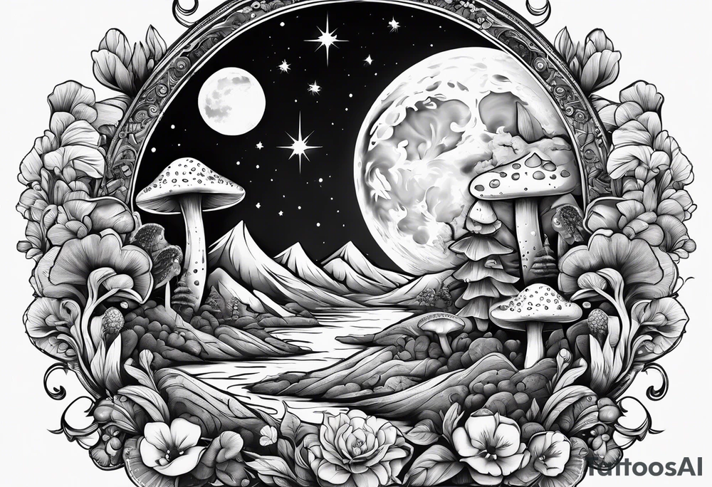 moon with crystals, mushrooms tattoo idea
