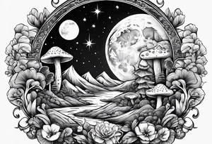 moon with crystals, mushrooms tattoo idea