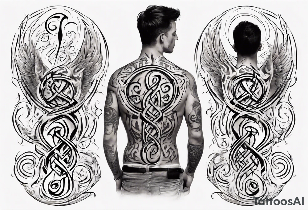 Son sitting on father's shoulders. Walking into the sun. Treble clef on son's back. Celtic design on father's back. tattoo idea