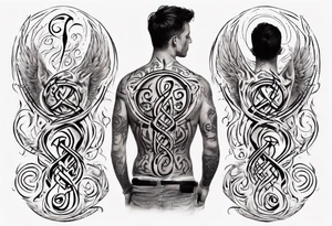 Son sitting on father's shoulders. Walking into the sun. Treble clef on son's back. Celtic design on father's back. tattoo idea