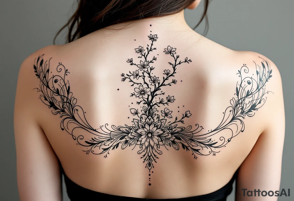 1.	Cherry Blossom Flow (Central Spine): A cascading cherry blossom flowing vertically along the spine to cover the central portion of the existing tattoo. Symmetrical patterns inspired by ornamental designs, with intricate curves and dotwork extending outward from the base of the spine. These elements should balance the floral motif and enhance the lower back area with a decorative, feminine flair.
	3.	Dotwork and Contouring: Delicate linework and dot patterns should be added around the floral design to give texture and seamlessly blend the tattoo with the surrounding skin. The ornamentation should curve naturally along the shape of the body, creating a cohesive, elegant look. tattoo idea