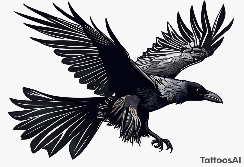 araffe flying in the air with its wings spread, detailed crow illustration, raven wings, huginn and muninn flying above, dark feathered wings, artistic drawing of a crow, black crows flying, raven bird, black wings instead of arms, raven angel wings, crow, dark crow, raven, crows as a symbol of death, raven black, raven monster tattoo idea