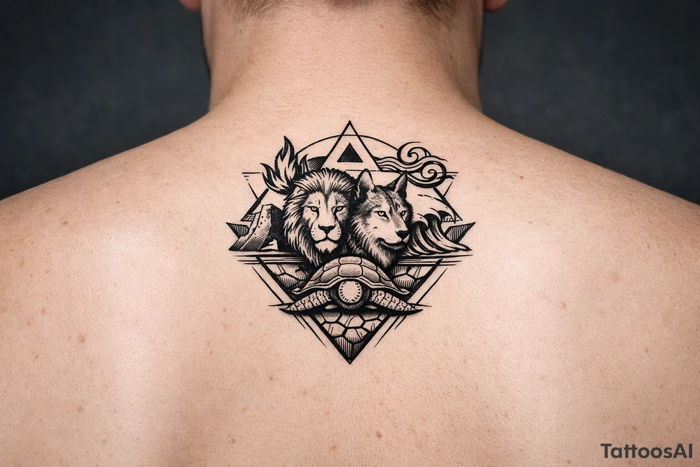 Strength, humble, honourable, respectful, being adaptable to all situations
Using animals, elements (earth wind fire water), geometric shapes
Design for a full sleeve tattoo idea