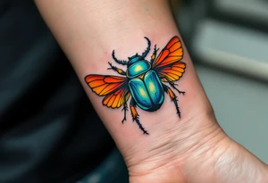 A turquoise scarab beetle with sunset-orange wings, representing rebirth and transformation. tattoo idea