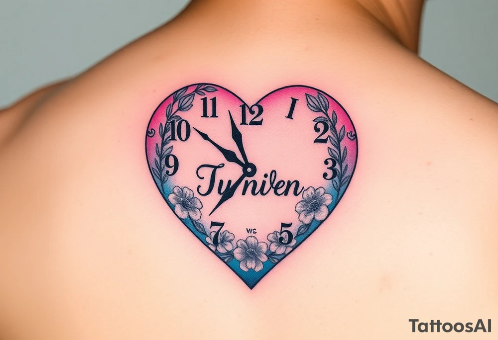 A heart-shaped clock with soft pastel pink and blue tones, featuring delicate floral engravings, with the child’s name scripted across the center tattoo idea