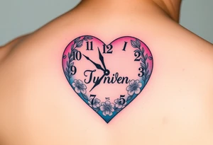 A heart-shaped clock with soft pastel pink and blue tones, featuring delicate floral engravings, with the child’s name scripted across the center tattoo idea