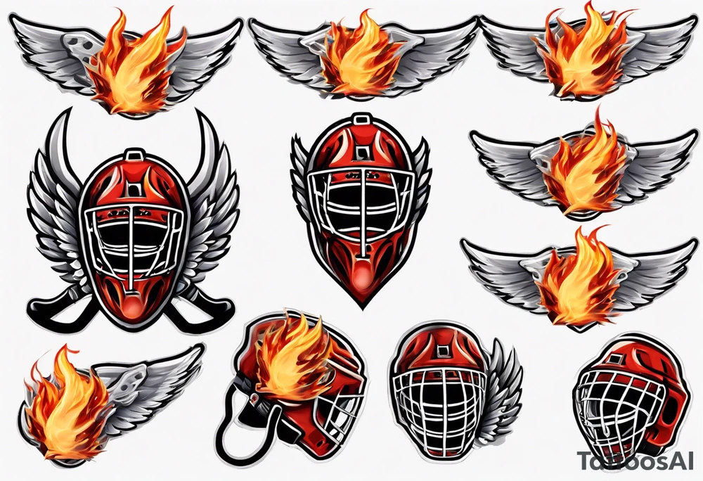 hockey puck with flaming wings and a goalie mask that says "SHOT HOCKEY" tattoo idea