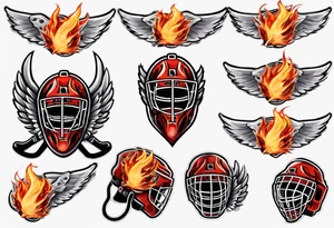 hockey puck with flaming wings and a goalie mask that says "SHOT HOCKEY" tattoo idea