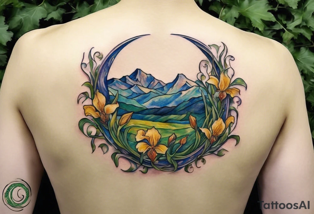 Create a small, colorful Vincent van Gogh Irises tattoo in the form of a crescent, with vines in Celtic knot style gracefully intertwining at a central point in the middle of the wreath. The intended placement is on the upper chest. The middle needs mountains. The overall design should be small in size while maintaining a delicate and artistic aesthetic. Pay attention to the graceful flow of the vines and the placement of the irises to achieve a refined and elegant look. tattoo idea