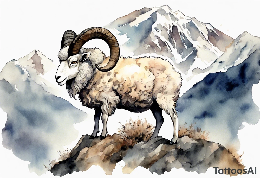 a solitary large man with the head of a big-horned sheep, with the feet of a sheep, on a mountain tattoo idea