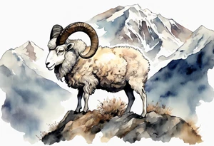 a solitary large man with the head of a big-horned sheep, with the feet of a sheep, on a mountain tattoo idea