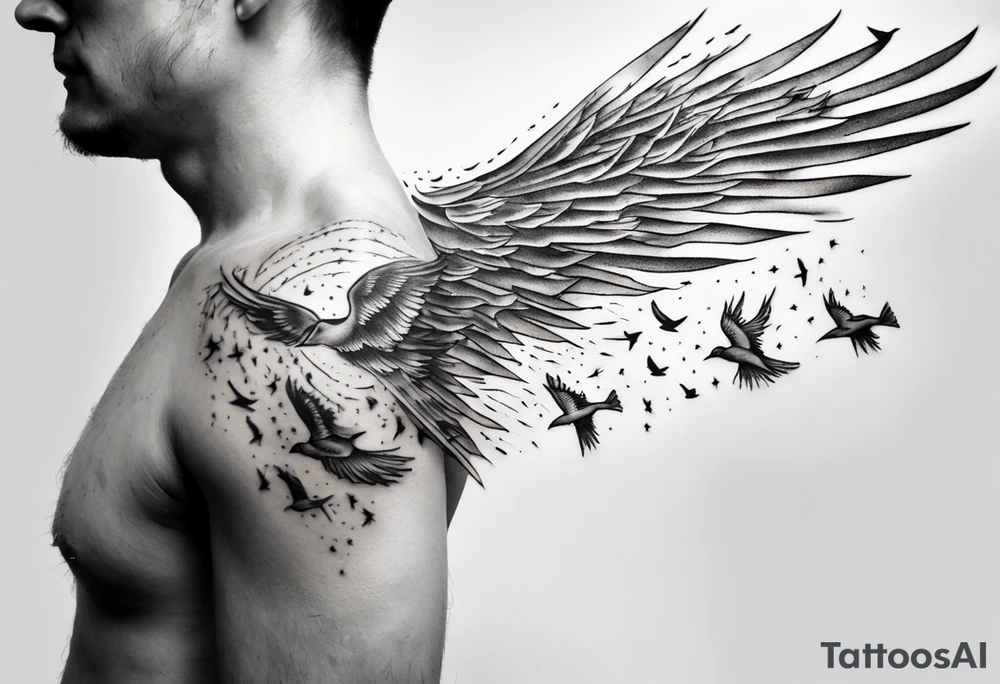 a shoulder tattoo with rays of light, clouds and birds flying free tattoo idea